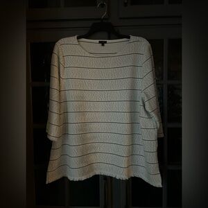 Talbots Oatmeal With Gray Stripes Fringed Hem Top